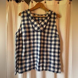 Talbots Blue and White Checkered Linen Sleeveless Blouse